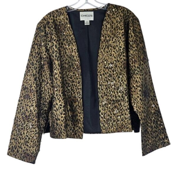 Chicos Silk Animal Print Jacket Sz L Brown Sequins Office Party Mobwife Edgy - Picture 1 of 8